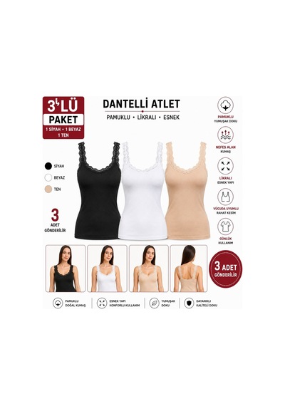 Comfort Secret 3 Lü Askılı Dantelli %100 Pamuklu Ekonomik Ve Uygun Atlet Siyah Beyaz Ten Comfort Secret 3 Lü Askılı Dantelli %100 Pamuklu Ekonomik Ve Uygun Atlet Siyah Beyaz Ten