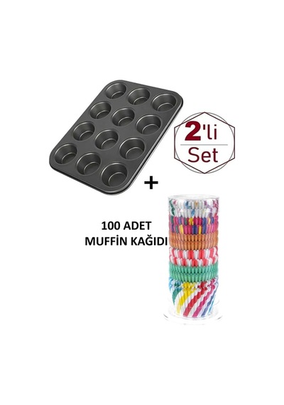 12'li Yanmaz Yapışmaz Muffin & Cupcake Kalıbı Teflon Gri Diğer