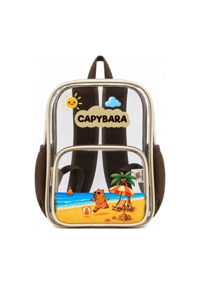 Capybara Lisanslı Şeffaf Çocuk Çantası - Hafif Ve Dayanıklı Şeffaf Sırt Bej