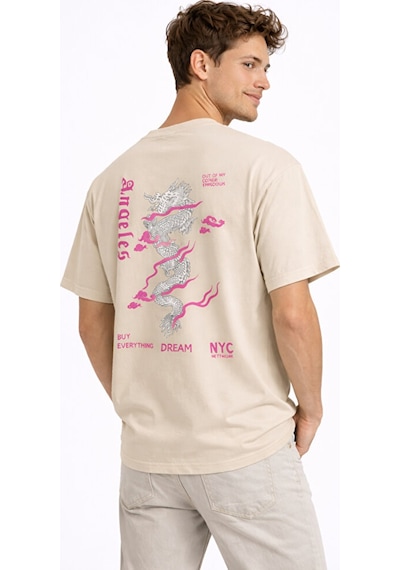 Sevgili Kombini Dragon Baskılı Çift Tişört Oversize Unisex Street Bej