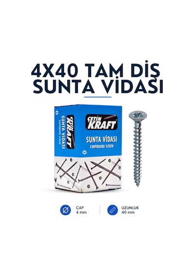 Çetin Kraft Dın 7505a Yhb Sivri Uçlu Tam Diş Sunta Vidası 4x40 500 Adetli Kutu 4 x 40
