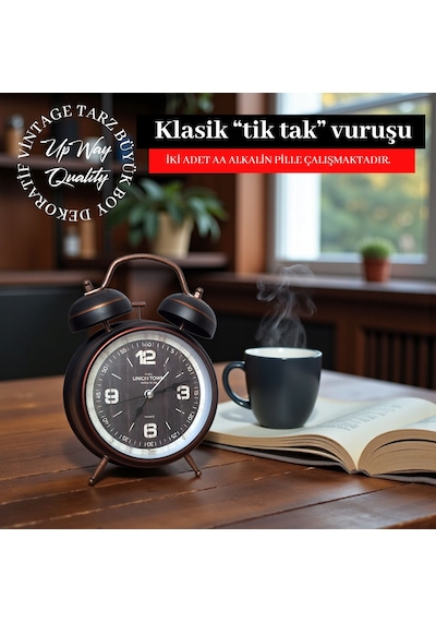 Upway Çanlı Tokmaklı Yüksek Zil Sesli Çalar Saat Vintage Tarz Metal Büyük Boy Siyah