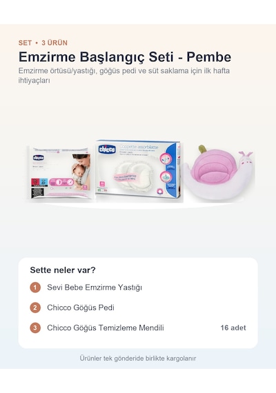 Emzirme Başlangıç Seti 3 Parça: Emzirme Yastığı + Göğüs Pedi + Göğüs Temizleme Mendili - Pembe