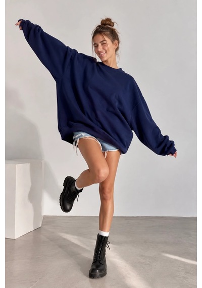 Bb Butik Basic 3 İplik Oversize Salaş Basic Sweatshirt Bisiklet Yaka My3535 Lacivert