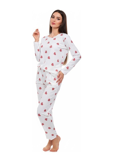 Bisiklet Yaka Süet Pijama Takımı 6004 Kırmızı Kalp Beyaz