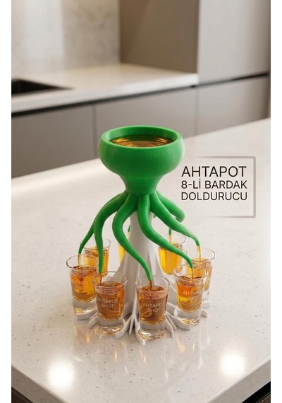 Taraftar Renkli Ahtapot Tasarımlı 8'li Pratik Bardak Ve Shot Dağıtıcı Yeşil-beyaz