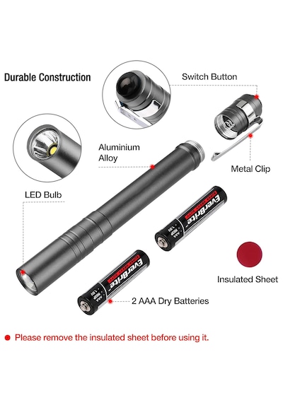 Mini Led El Feneri Kalem Tipi Taşınabilir Metal Gövdeli Cep Feneri Klipsli 1w Led Pilli Gri