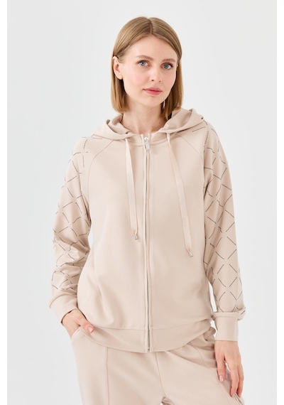Desen Triko Kadın Triko Taş Baskılı Kapüşonlu Yazlık Sweatshirt Bej Bej