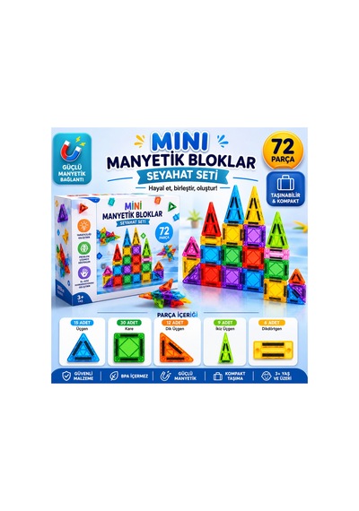 Mini Manyetik Bloklar - Seyahat Seti 72 Parça - Küçük Boy Manyetik
