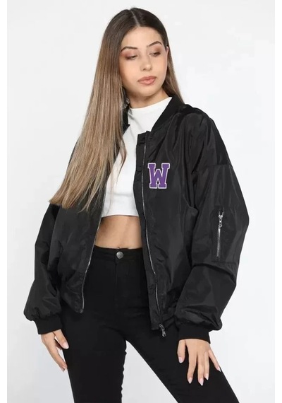 Efnaz Style Unisex Uzun Kol Baskılı Bomber Ceket - Siyah