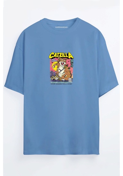 Retro Catzilla Baskılı Unisex Siyah Oversize T-shirt Mavi Retro Catzilla Baskılı Unisex Siyah Oversize T-shirt Mavi