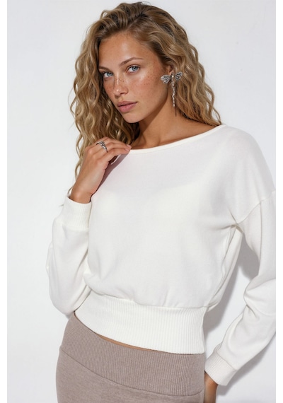 Hiccup Busem Kadın Kısa Bisiklet Yaka Sweatshirt Tozlu Beyaz