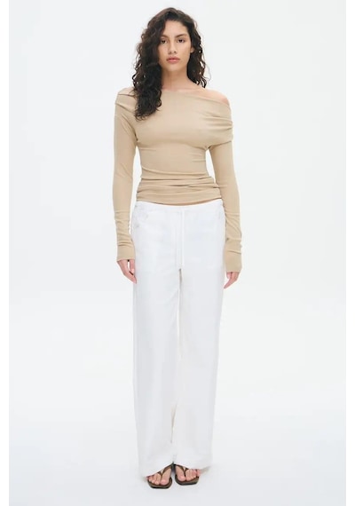 Madmext Bej Kadın Off Shoulder Uzun Kollu Bluz Mg2567 Bej