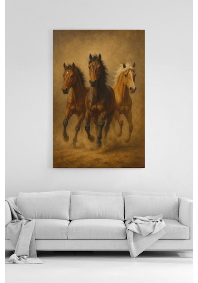 Üç At Kanvas Tablo %100 Pamuk Kumaş Göz Alıcı Dinamik Sanat E...