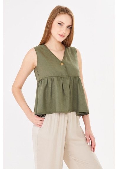 Sortie Collection V Yaka Tek Düğmeli Peplum Haki Keten Bluz