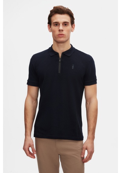 Twn Slim Fit Lacivert Pike Dokulu Yarım Fermuarlı Polo Yaka T-shirt 4ec14ortfrplo Lacivert