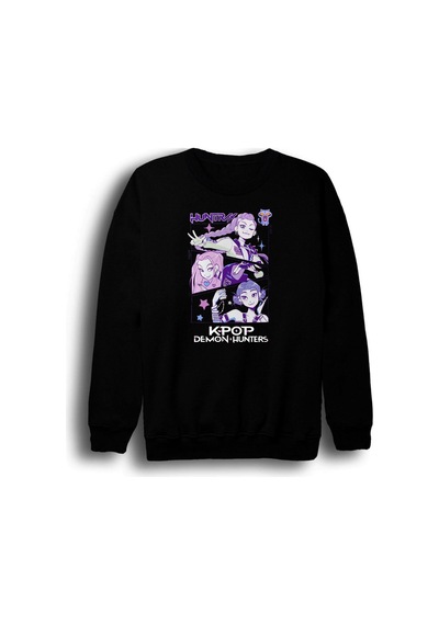 K-pop Demon Hunters Baskılı Unisex %100 Pamuk Bisiklet Yaka Kırmızı Sweatshirt Siyah