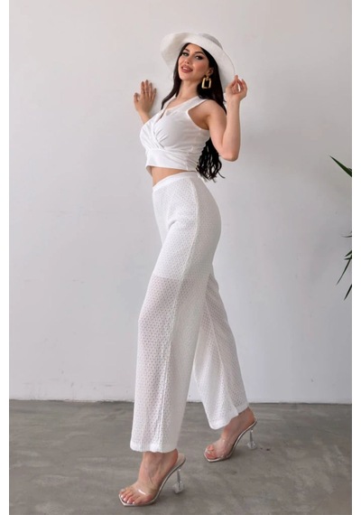 Tane Tasarım Kruvaze Yaka Crop Bluz Ve File Detaylı Pantolon Triko İkili Alt Üst Takım Beyaz Beyaz