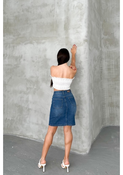 HLT Jeans Açık Mavi Kadın Regular Fit Yüksek Bel Orta Boy Denim Kot Etek Alice-4003 Açık Mavi
