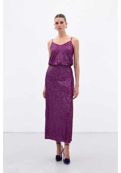 Sateen Karolin Midi Etek - Mürdüm-136654 Mürdüm