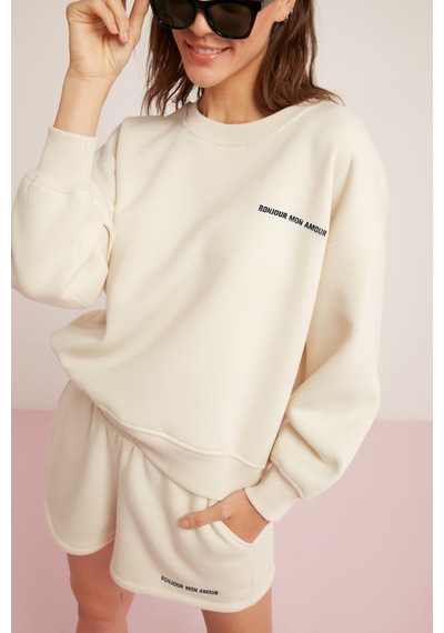 ETHIQUET SANDRA Kadın Pamuklu Içi Polarlı Yumuşacık Baskılı Yuvarlak Yaka Comfort Vanilya Sweatshirt