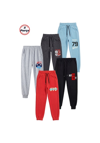 Fyk Kids 5'li Baskı Detaylı Beli Lastikli Erkek Çocuk Jogger Eşofman Altı Mavi-füme-gri-siyah-kırmızı