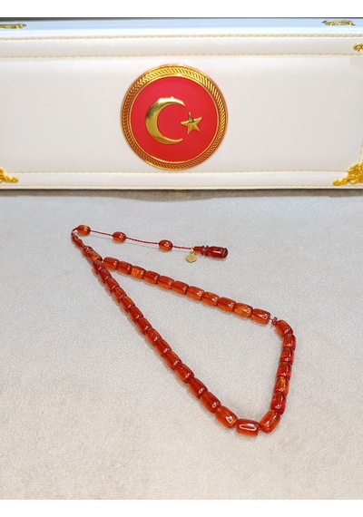 Simli Ateş Kehribar Tesbih Usta Yapımı Açık Kırmızı
