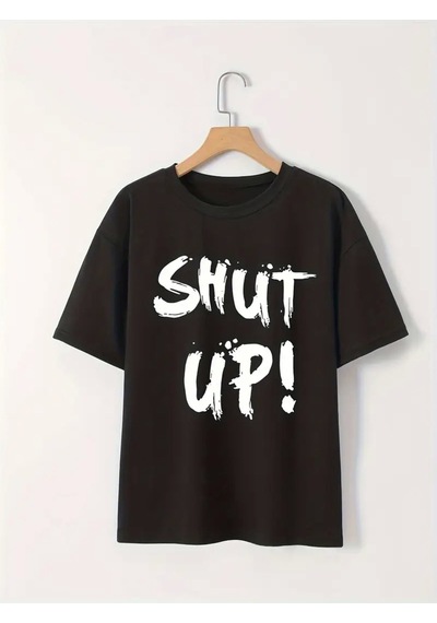 Wear Vexel Kadın Tişört Shut Up Baskılı Kısa Kol Bisiklet Yaka T-shirt - Siyah Çok Renkli