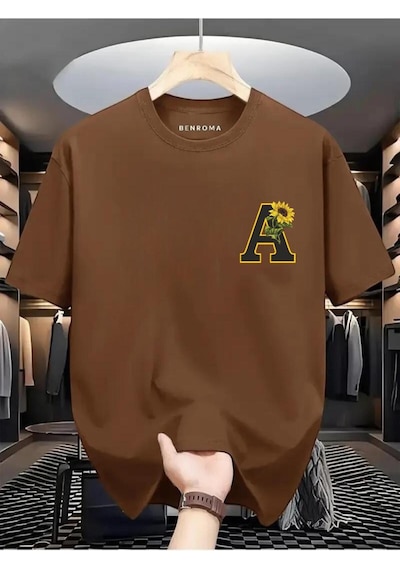Çiçekli A Baskılı Oversize Tişört Kahverengi