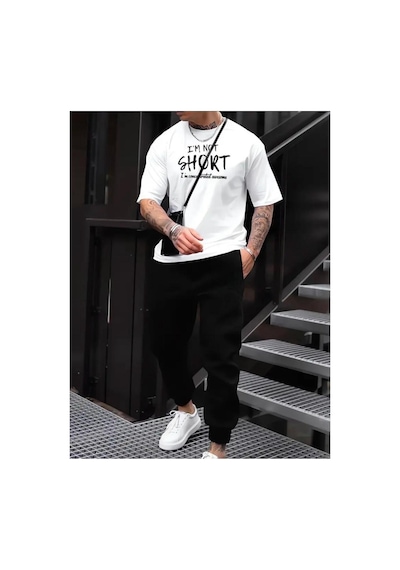 Medinenur I'm Not Short Baskılı T-shirt Eşofman Altı Jogger Rahat Kalıp Eşofman Takım Beyaz
