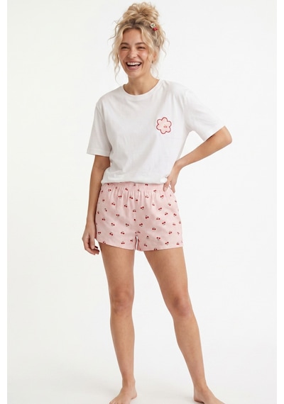 Siyah İnci Ekose Kareli Üst Cep Nakışlı İnce Soft Örme Şort Pijama Takımı 8042 Somon Ekru Ekose