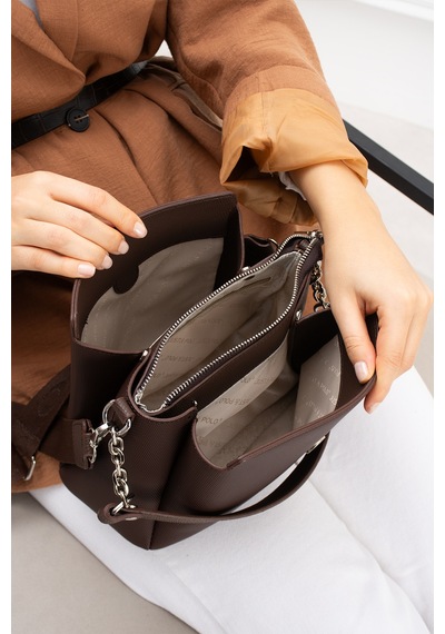 Just Polo Kadın Polo Kumaş Jp Gümüş Logolu Şık El Ve Omuz Çantası Shoulder Bag Ebat: 23 X 18 Cm Kahverengi