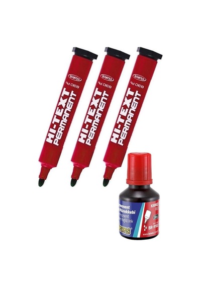 Kırmızı Yuvarlak Uçlu Markör Permanent Kalem 3 Adet Hı-text Marker Mürekkep Kırmızı 30 Ml 1 Adet Brons Koli Kalemi