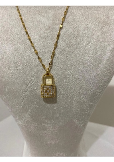 Gold Renk Taş Detaylı Kilit Model Kolye Altın