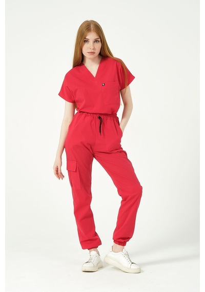 Nar Çiçeği Likralı Scrubs Kargo Cep Jogger Paça Doktor Hemşire Forması Yarasa Kol Takım Unisex