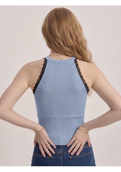 Neden Tekstil Kadın Dantel Detaylı Halter Yaka Fitilli Triko Bluz - Mavi