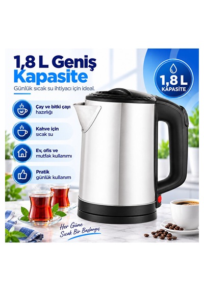 1.8 L Paslanmaz Çelik Elektrikli Su Isıtıcı Kettle 360 Döner Tabanlı Otomatik Kapanmalı Susuz Çalışma Korumalı
