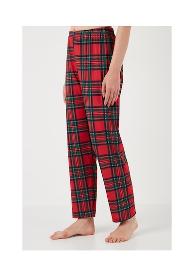Lela Desenli Kısa Kollu Beli Lastikli Gömlek Yaka Dokuma Regular Fit Bayan Pijama Takımı 6571010 Kırmızı-Siyah
