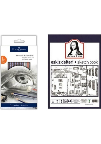 8 Parça Dereceli Kalem Seti + Mona Lisa Sketch Book - Eskiz Defteri A4 50 Yp. 120 Gr.