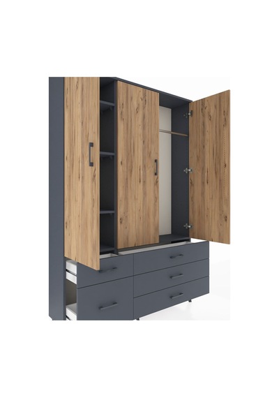 Arges Dolap 5 Raflı 5 Çekmeceli Tek Askılı 132x30x195 Antrasit-çam/antrasit Atlas Çam/antrasıt