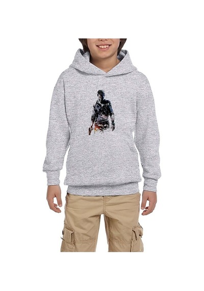 Zepplin Giyim Uncharted 4 Nathan Drake Siluet Gri Çocuk Kapşonlu Sweatshirt Gri