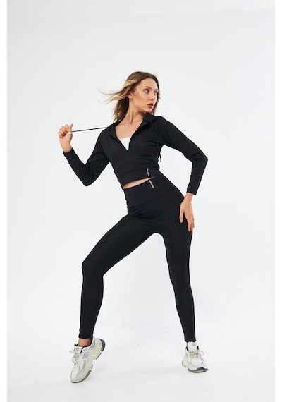 Lesa Wear Kapüşonlu Içi Polarlı Yumuşacık Şardonlu Kaşkorse Crop Likralı Sweatshirt Siyah