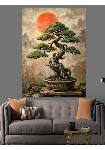 Saksıda Budanmış Küçük Bonsai Ağacı Dekoratif Kanvas - Mdf Ahşap Tablo