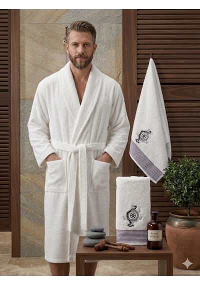 Premium 2'li Aile Bornoz Seti Çeyizlik Pamuklu Hediyelik Banyo Takımı S/m Krem