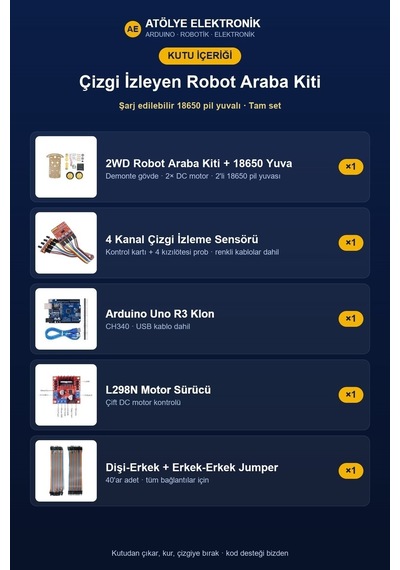 Çizgi İzleyen Robot Kiti - 18650 Pil Yuvalı Set 2wd + Arduino + Motor Sürücü + 4 Kanal Sensör