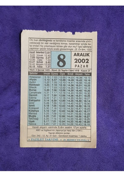 8 Aralık 2002 Takvim Yaprağı - Nostalji Koleksiyonluk Takvim Yaprağı
