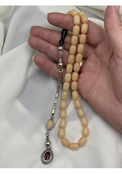 El Boy Alpaka Püsküllü Beyaz Hamur Sıkma Kehribar Tesbih 7x11 Mm