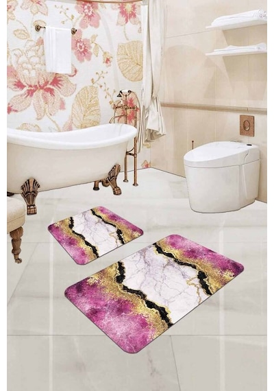 Pembe Mermer Görünümlü Banyo Halısı Klozet Paspas Seti Bs335n11