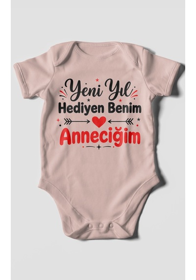 Morivokids Yeni Yıl Hediyen Benim Anneciğim Kısa Kollu Bebek Body %100 Pamuk Pastel Pembe