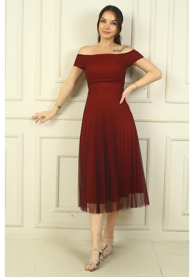 By Saygı Madonna Yaka Astarlı Eteği Şifon Pilisoley Elbise-40139 Bordo